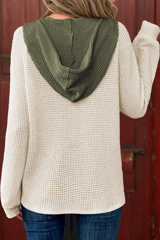 White Waffle Contrast Half Buttoned Hooded Pullover Top