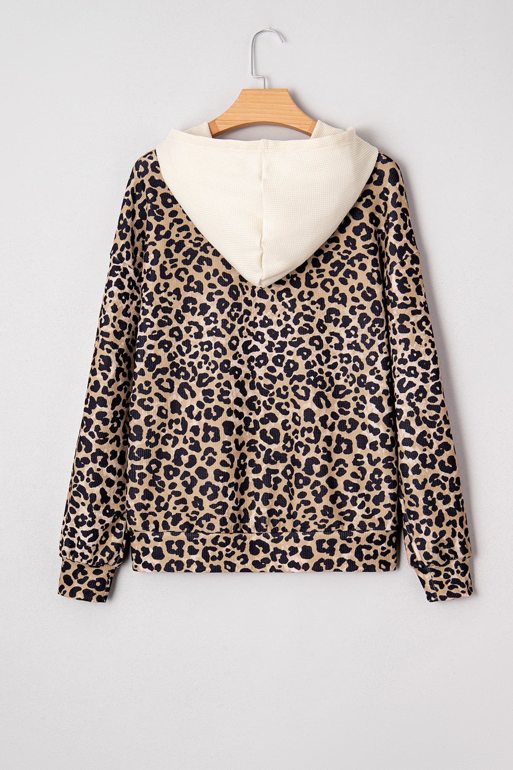 Leopard Print Waffle Contrast Kangaroo Pocket Hooded Sweatshirt