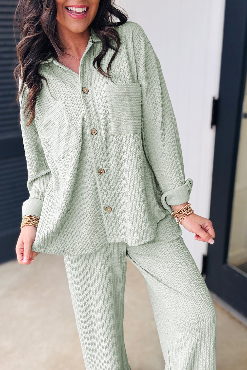 Clearly Aqua Textured Patched Chest Pocket Shirt and Pants Set r. /
