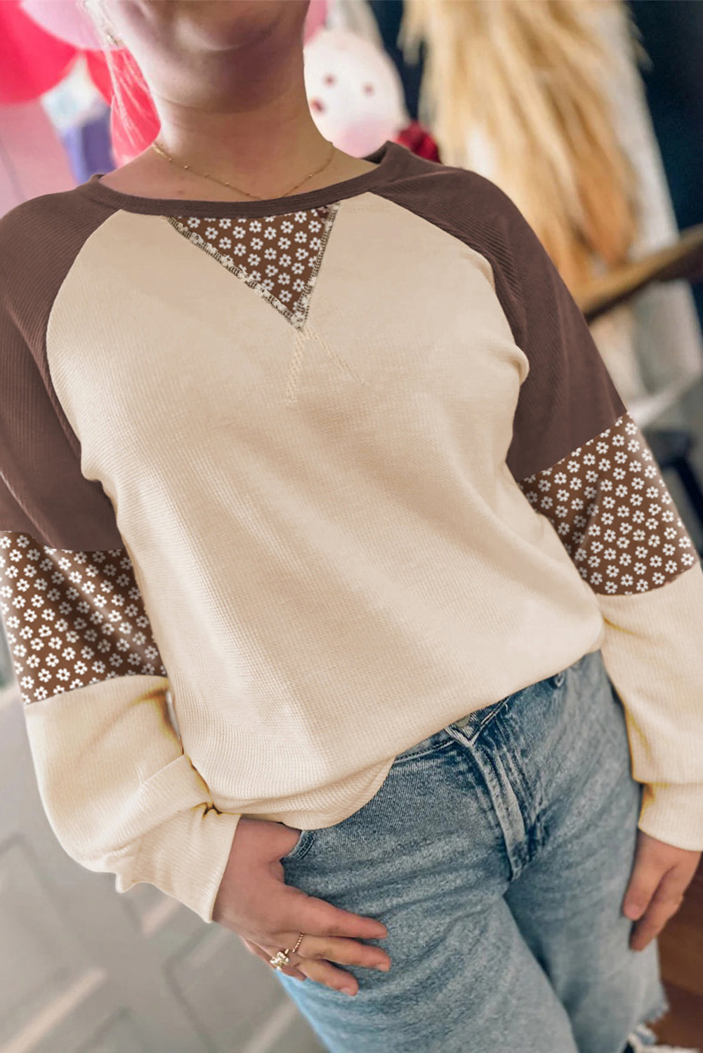 Brown Floral Print Patchwork Color Block Long Sleeve Top