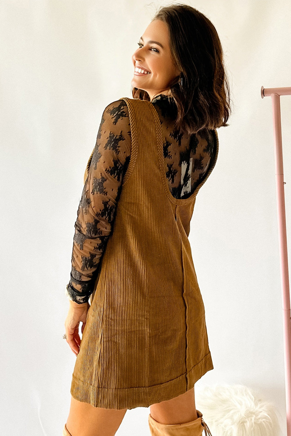 Beige Corduroy Sleeveless Mini Dress With Patched Pockets