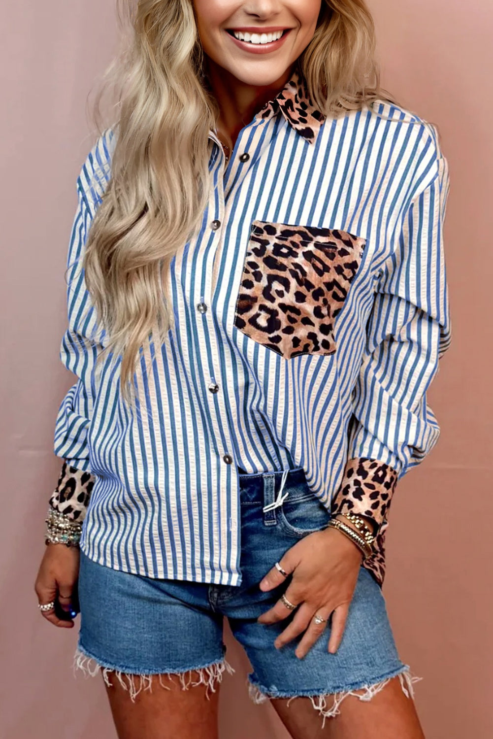 Sky Blue Striped Leopard Print Patchwork Button Up Womens Shirt