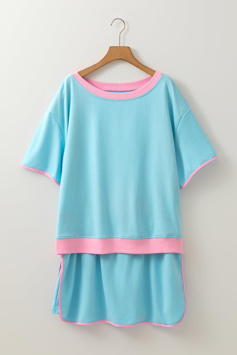 Turquoise Plus Size Contrast Trim T Shirt and Skirt Two Piece Set