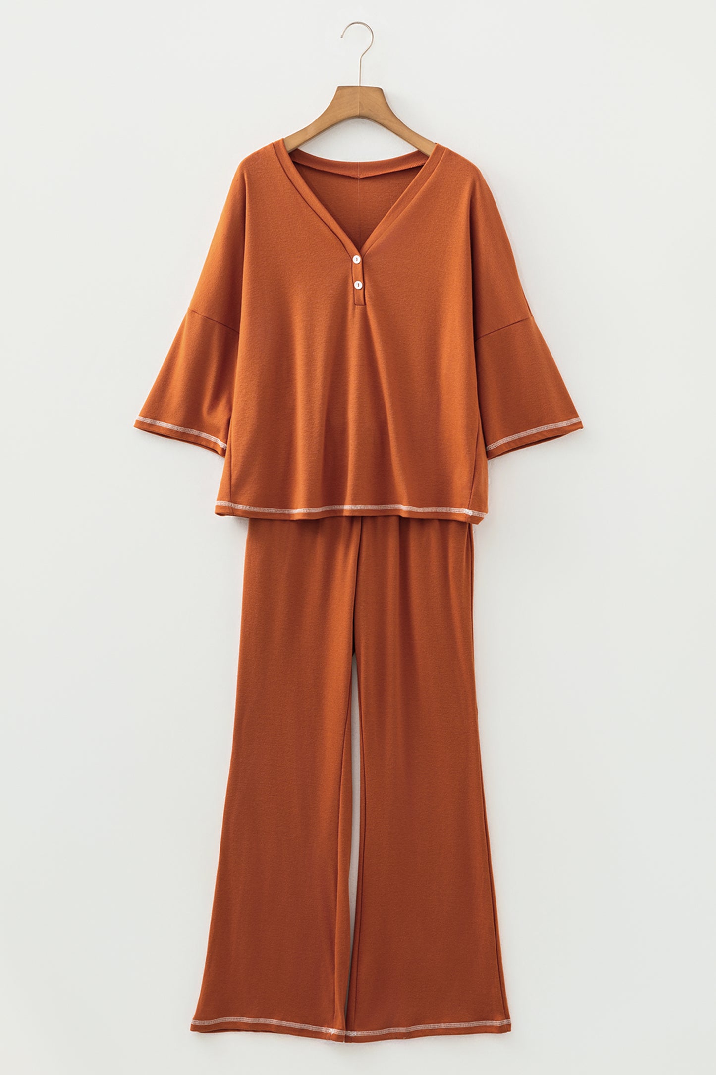 Grapefruit Orange Contrast Stitching Buttoned V Neck Half Sleeve Top and Drawstring Flare Pants Set