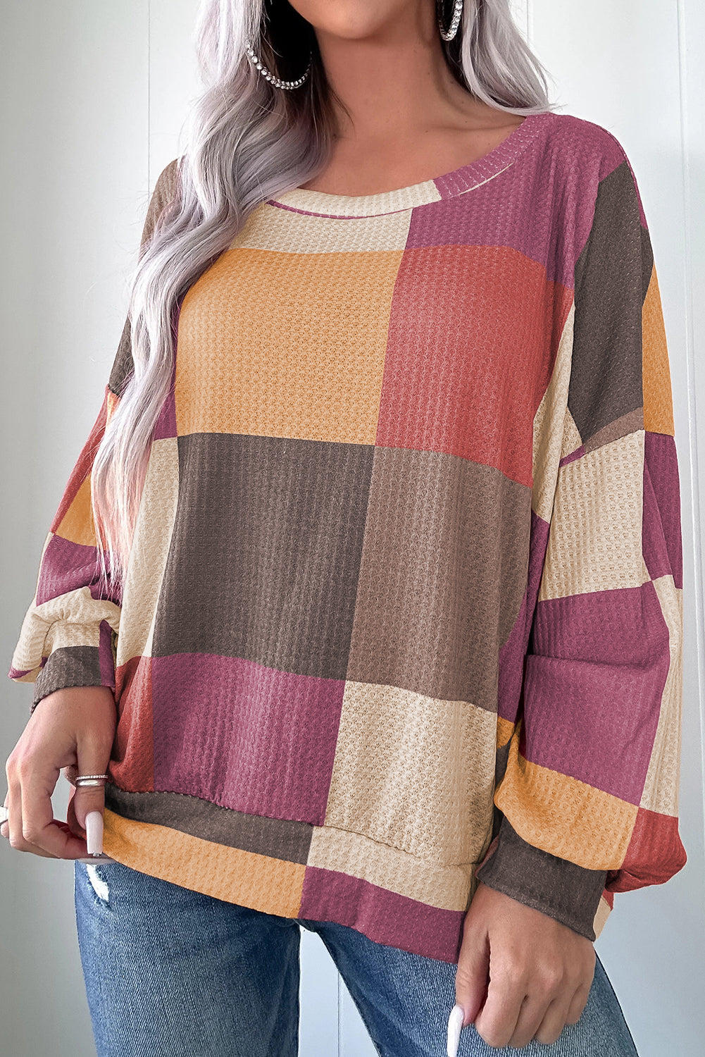 Rose Red Checkered Print Textured Knit Long Sleeve Loose Top