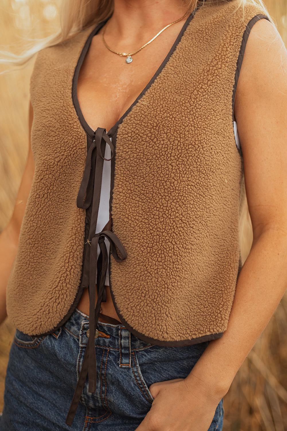 Light French Beige Contrast Trim Tie Front Sherpa Vest