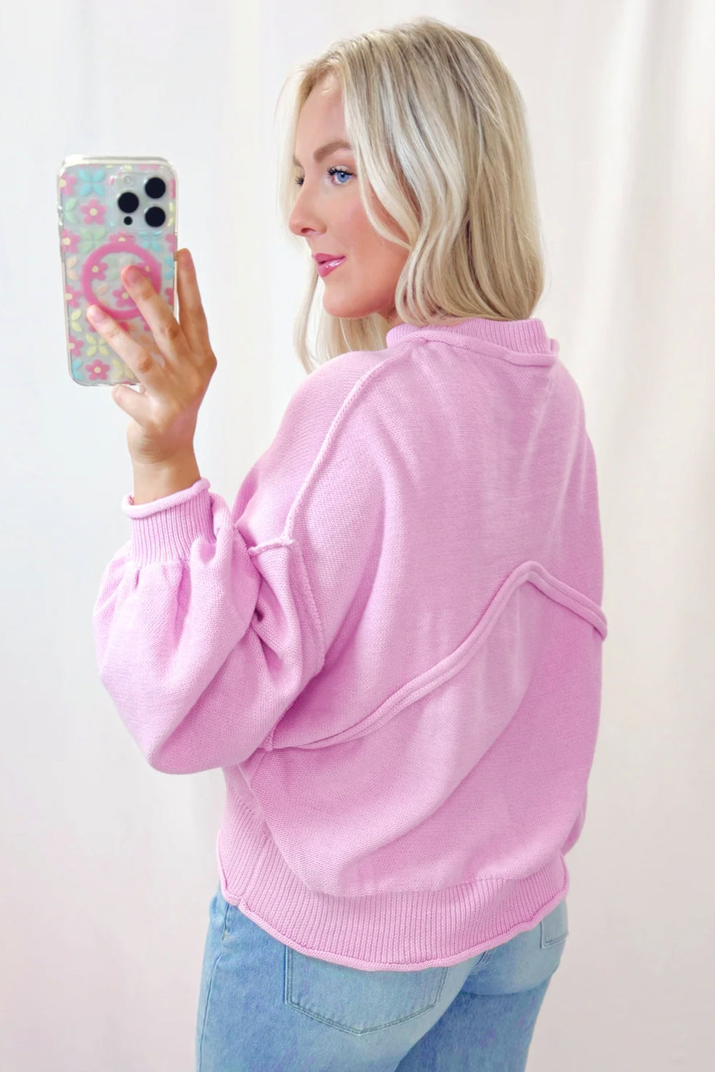 Pink Raw Edge Ribbed Detail Drop Shoulder Sweater /