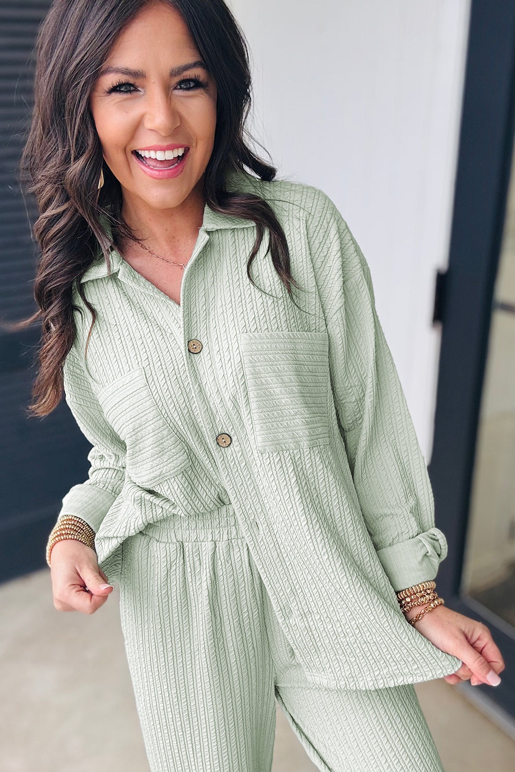 Clearly Aqua Textured Patched Chest Pocket Shirt and Pants Set r. /