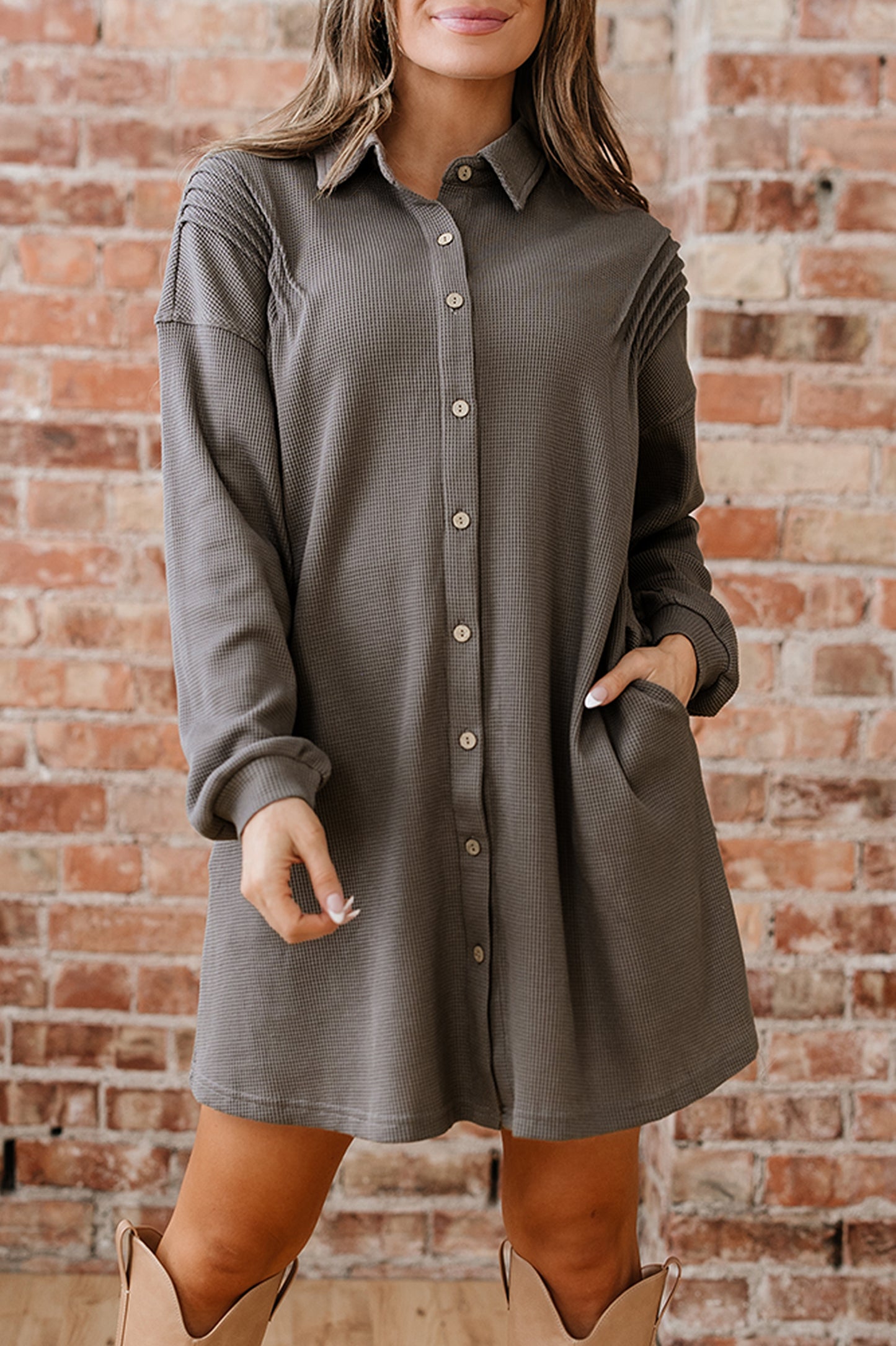 Simply Taupe Waffle Knit Shirt Tunic Dress