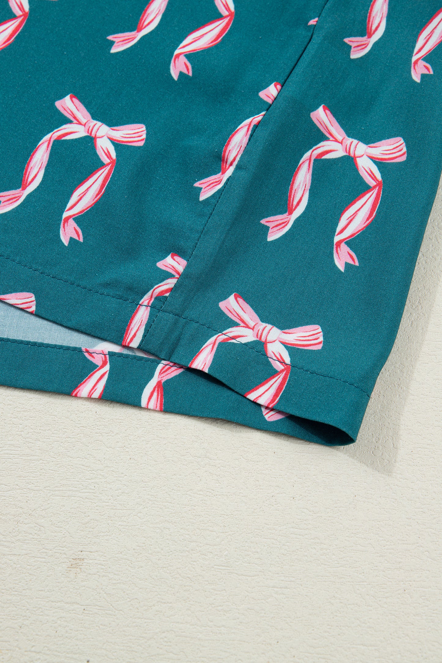 Green Ribbon Bow Print Silky Long Sleeve Shirt and Shorts 2pcs Pajama Set