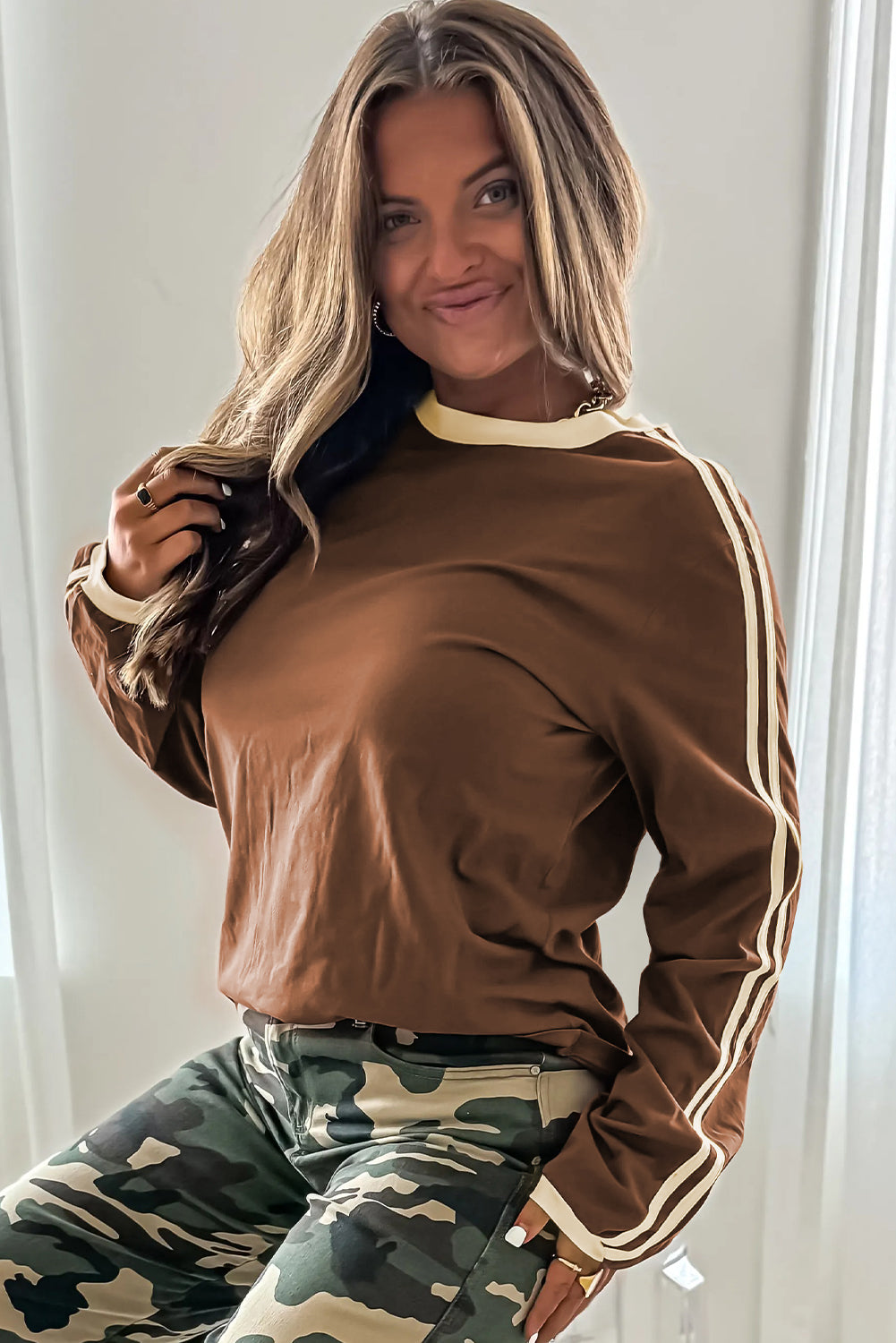 Dark Brown Varsity Striped Accent Contrast Crew Neck Long Sleeve T Shirt