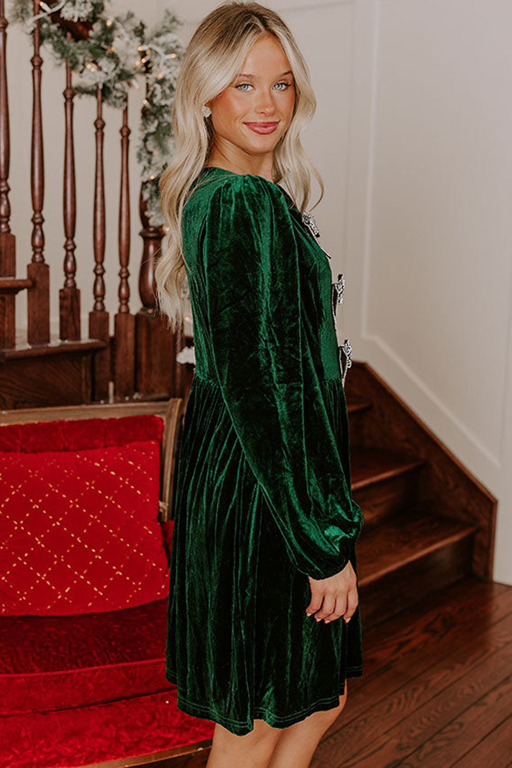 Evergreen Bowknot Decor High Waist Velvet Mini Dress 11 1