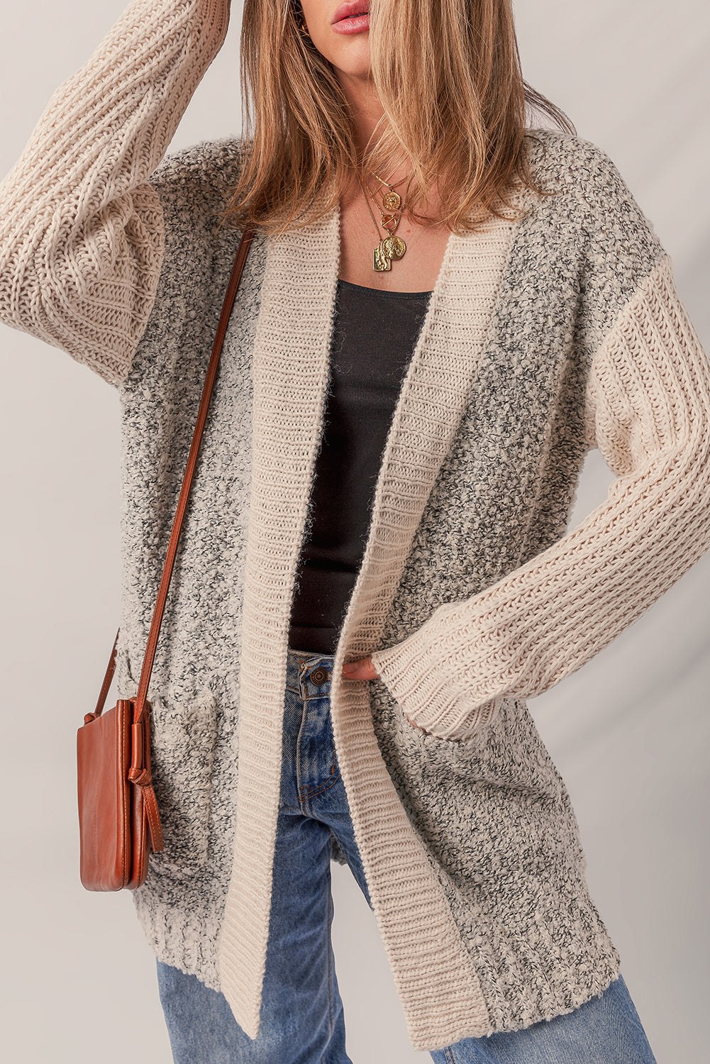 Color Block Side Pockets Open Front Cardigan