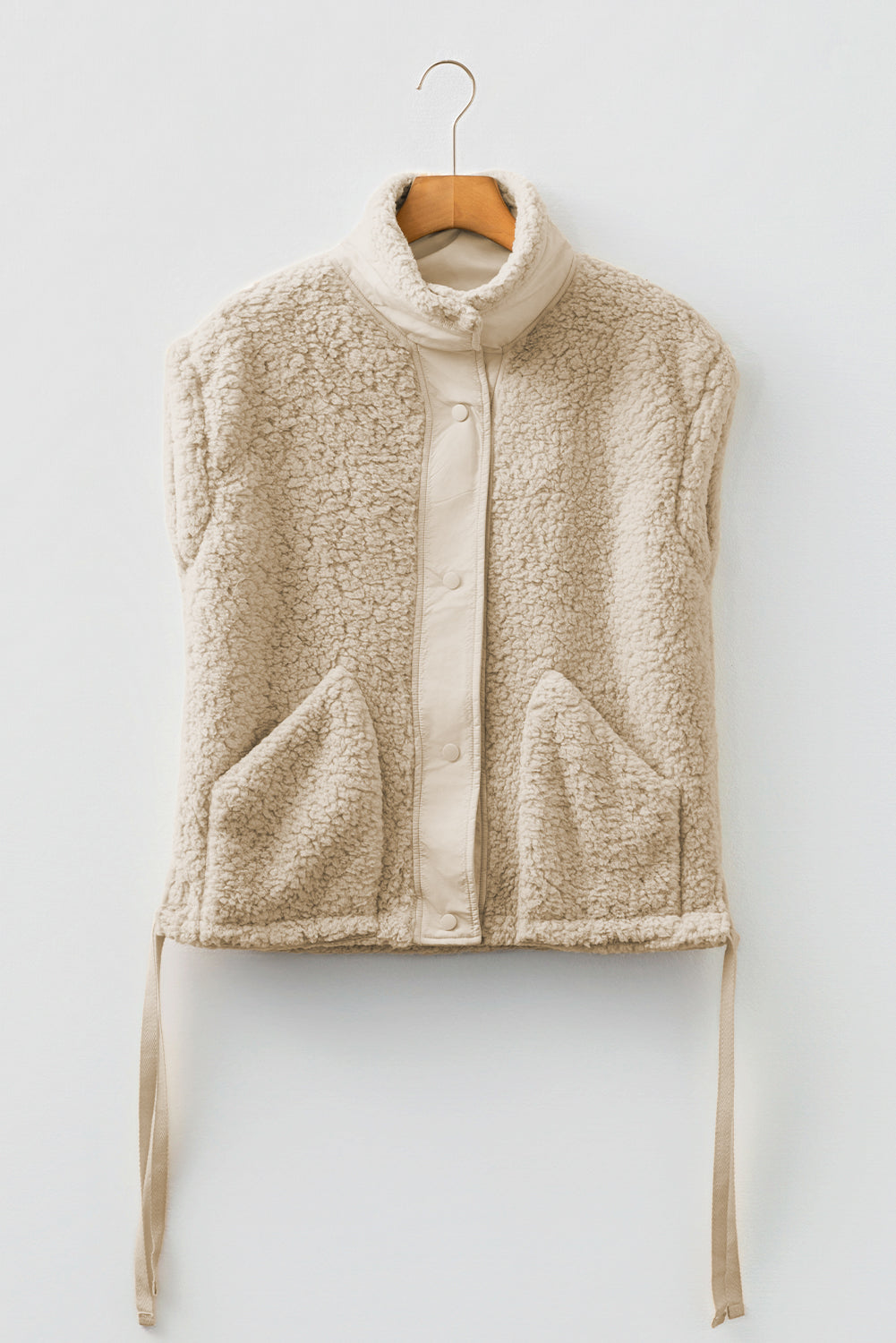 Beige Faux Fur Snap Button Front Knot Side Plush Vest with Pockets