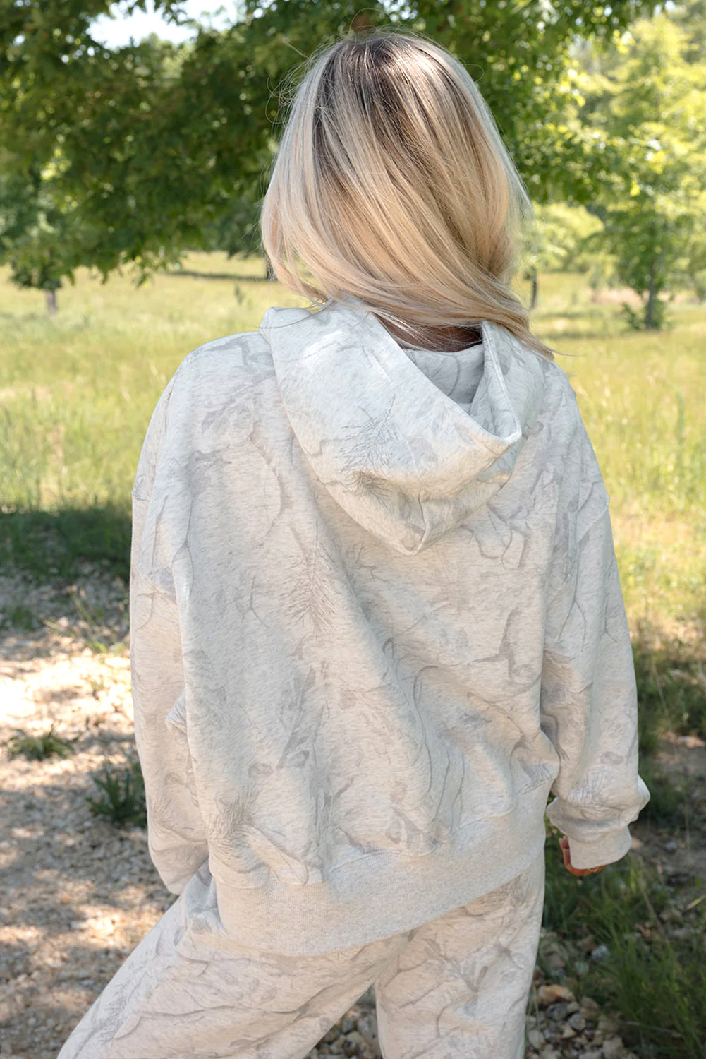 Light Grey Abstract Print Loose Drop Sleeve Hoodie Elastic Waistband 2pcs Pant Set