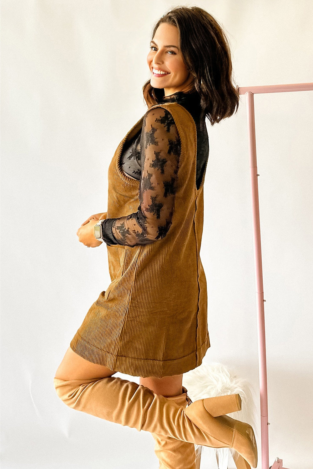 Beige Corduroy Sleeveless Mini Dress With Patched Pockets