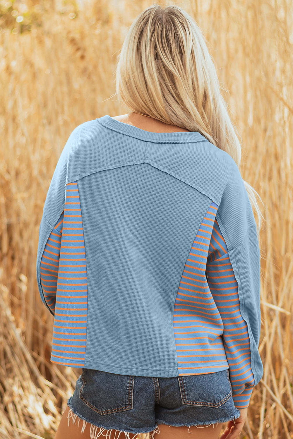 Dusk Blue Exposed Seam Waffle Striped Patchwork Baggy Pullover