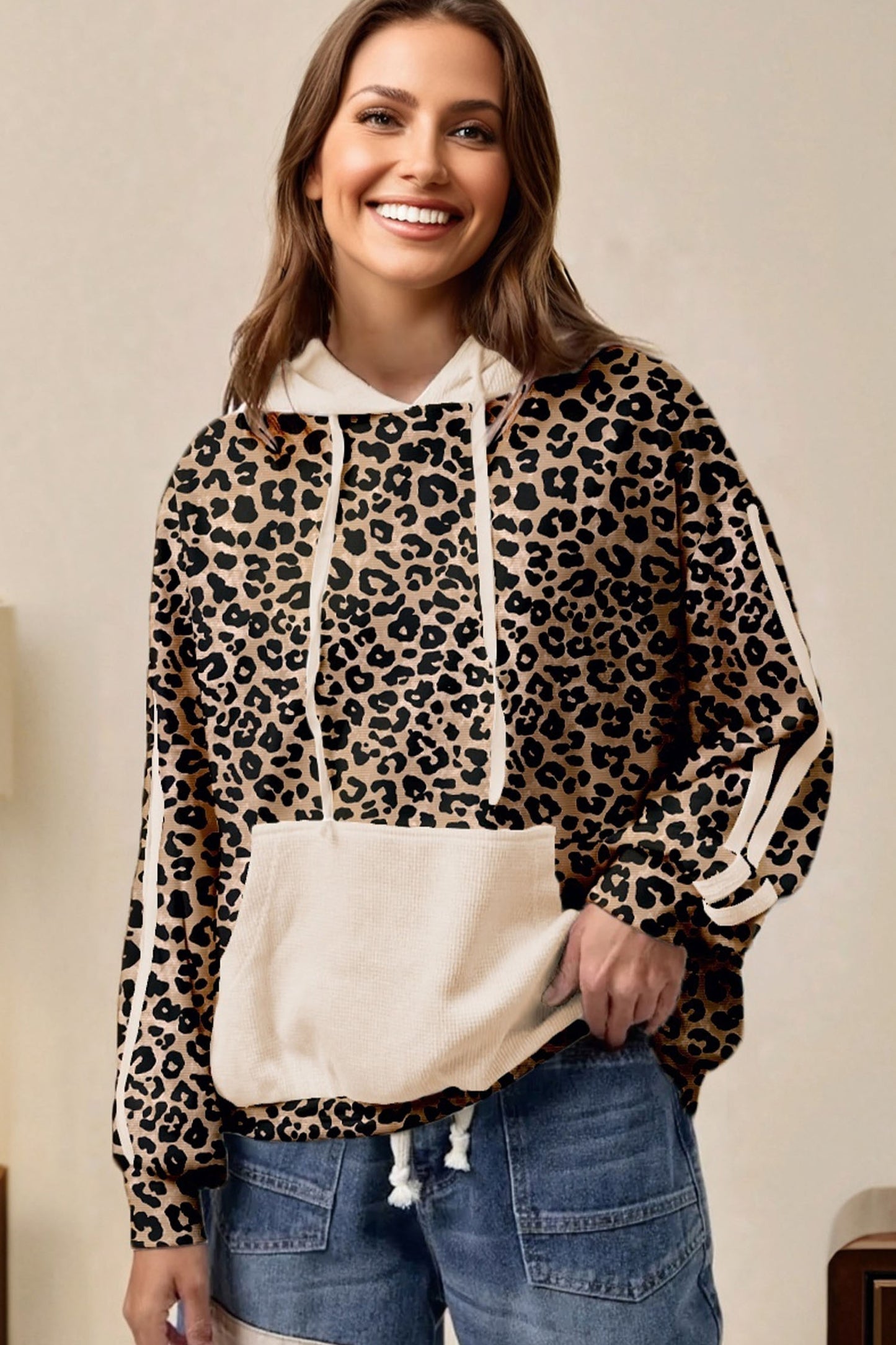 Leopard Print Waffle Contrast Kangaroo Pocket Hooded Sweatshirt