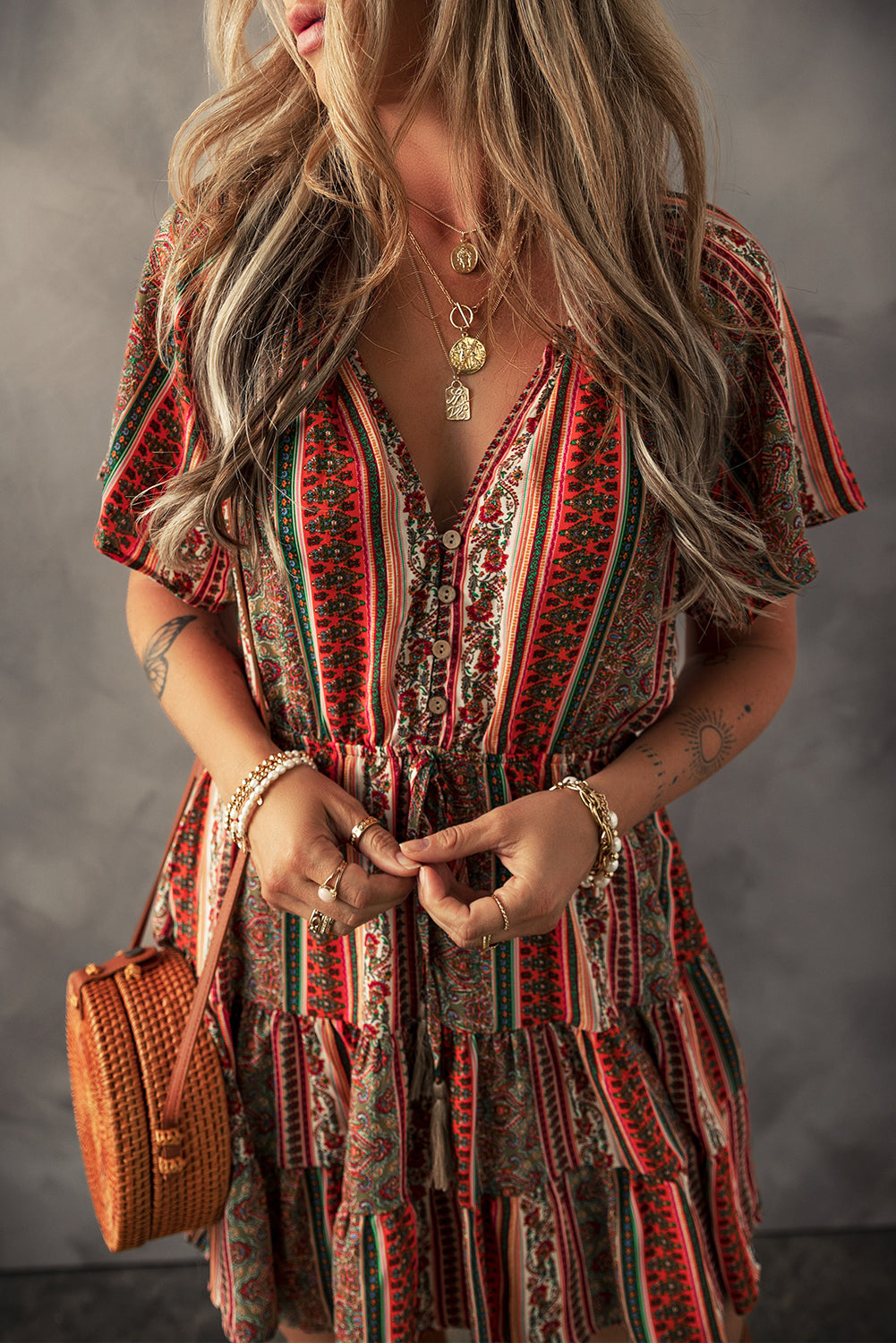 Red Bohemian Floral Print Buttoned V Neck Ruffle Tiered Dress