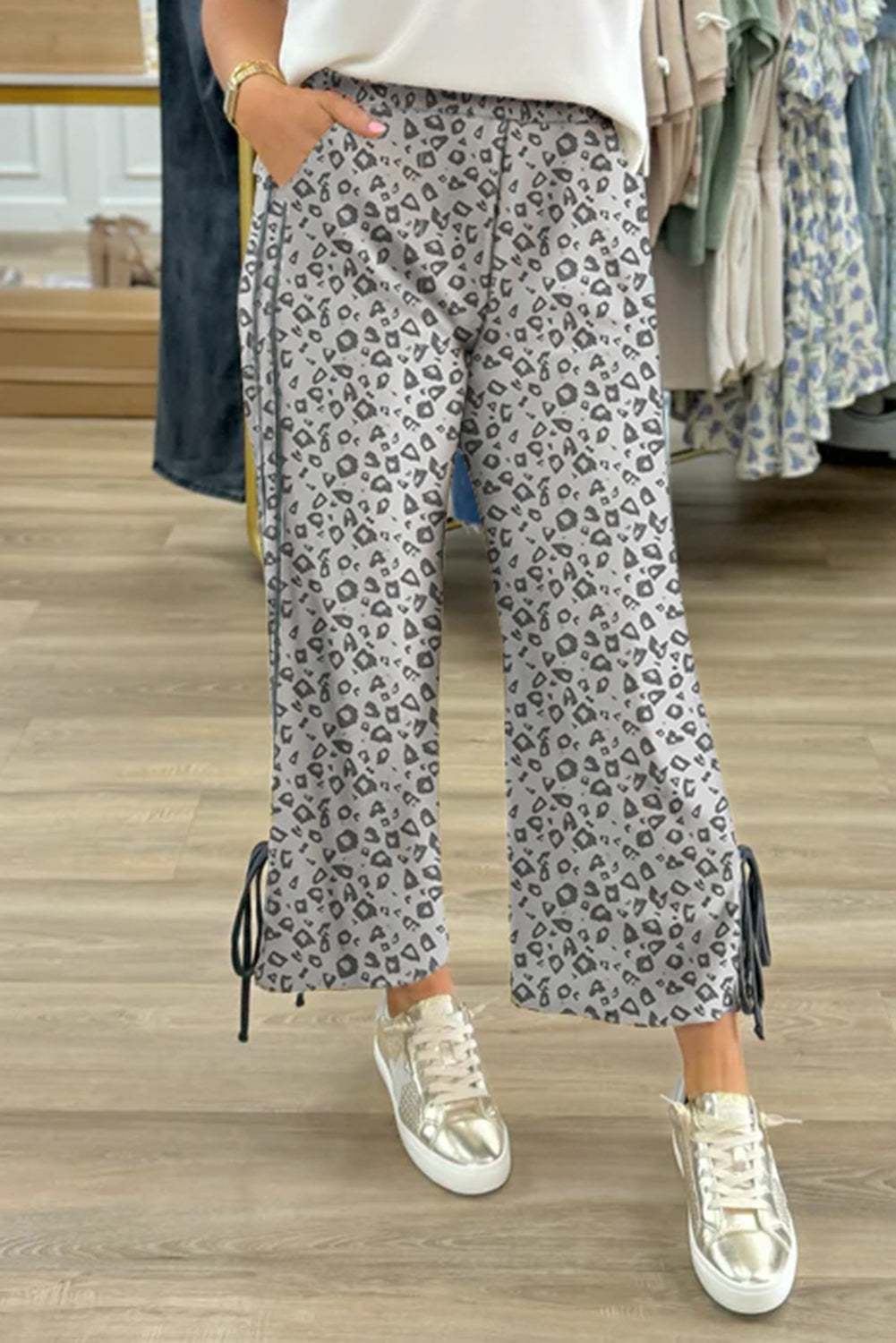 Gray Leopard High Waist Side Bow Straight Leg