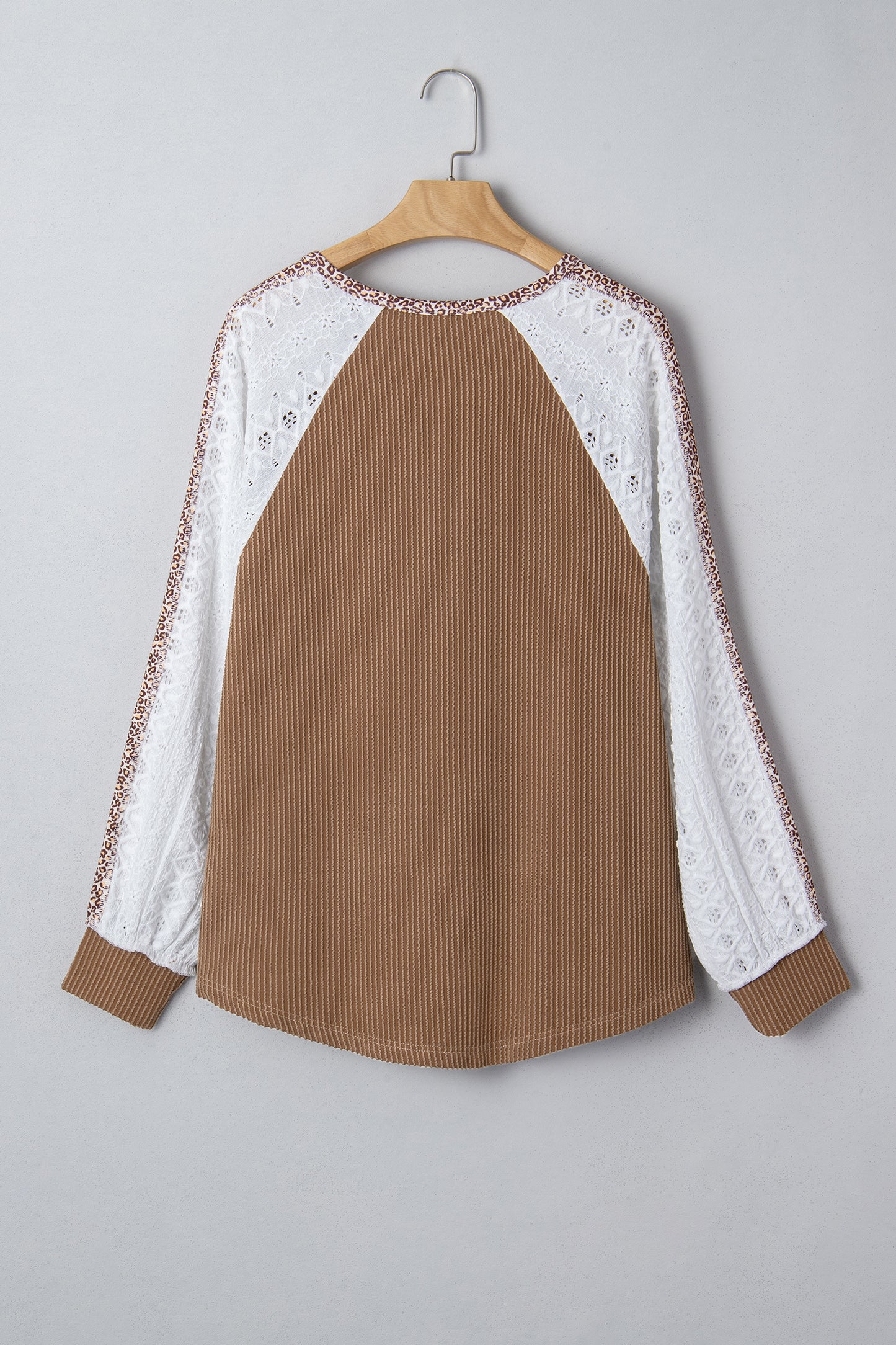Dark Khaki Twisted Ribbed Leopard Lace Contrast Patchwork Long Sleeve Top
