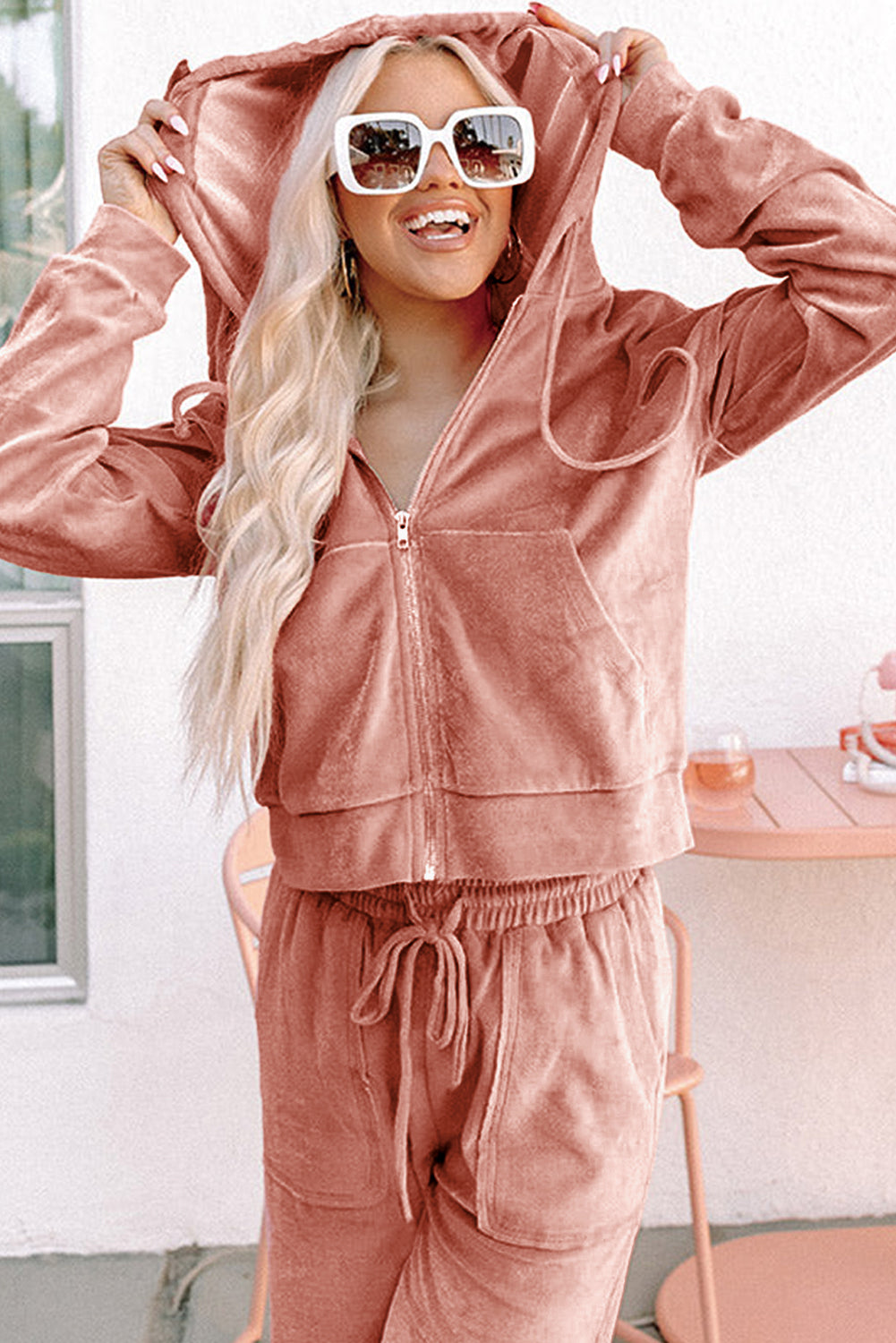 Peach Blossom Velvet Zip-up Hoodie and Wide Leg Pants Set 1