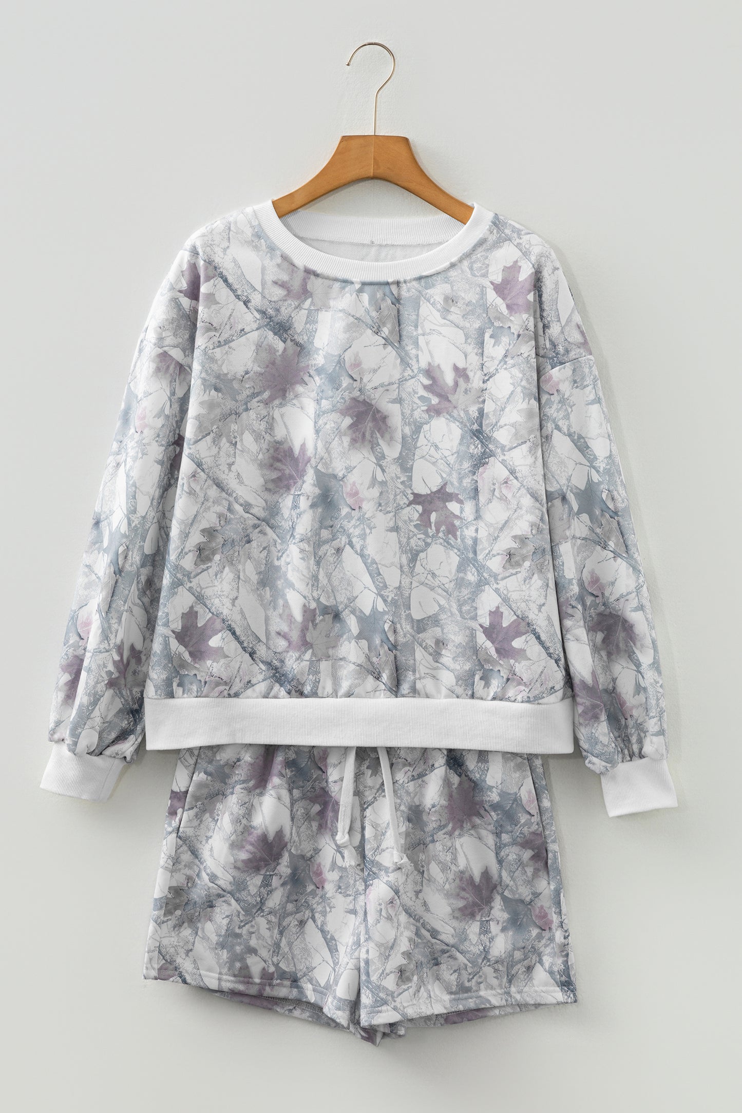 Light Grey Abstract Woodland Camo Print Baggy Pullover Drawstring Shorts Set