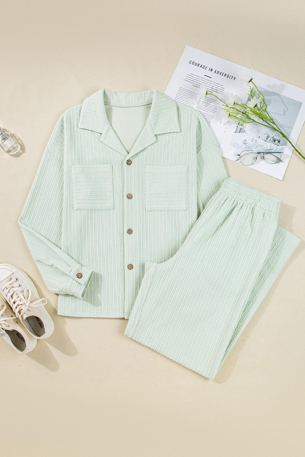Clearly Aqua Textured Patched Chest Pocket Shirt and Pants Set r. /