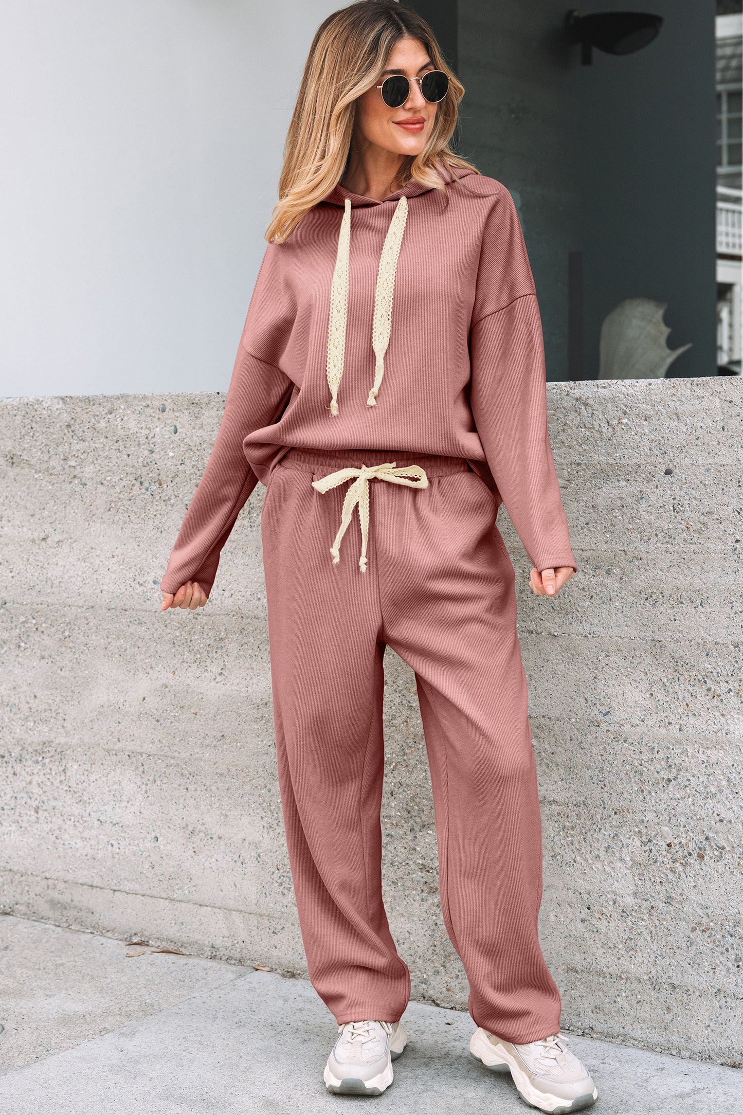 Rose Tan Lace Drawstring Pullover Hoodie and High Waist Pants Corduroy Suit