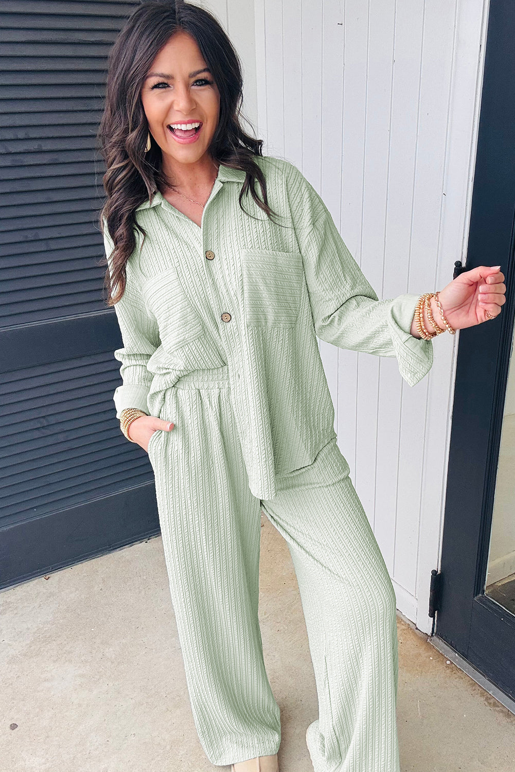 Clearly Aqua Textured Patched Chest Pocket Shirt and Pants Set r. /