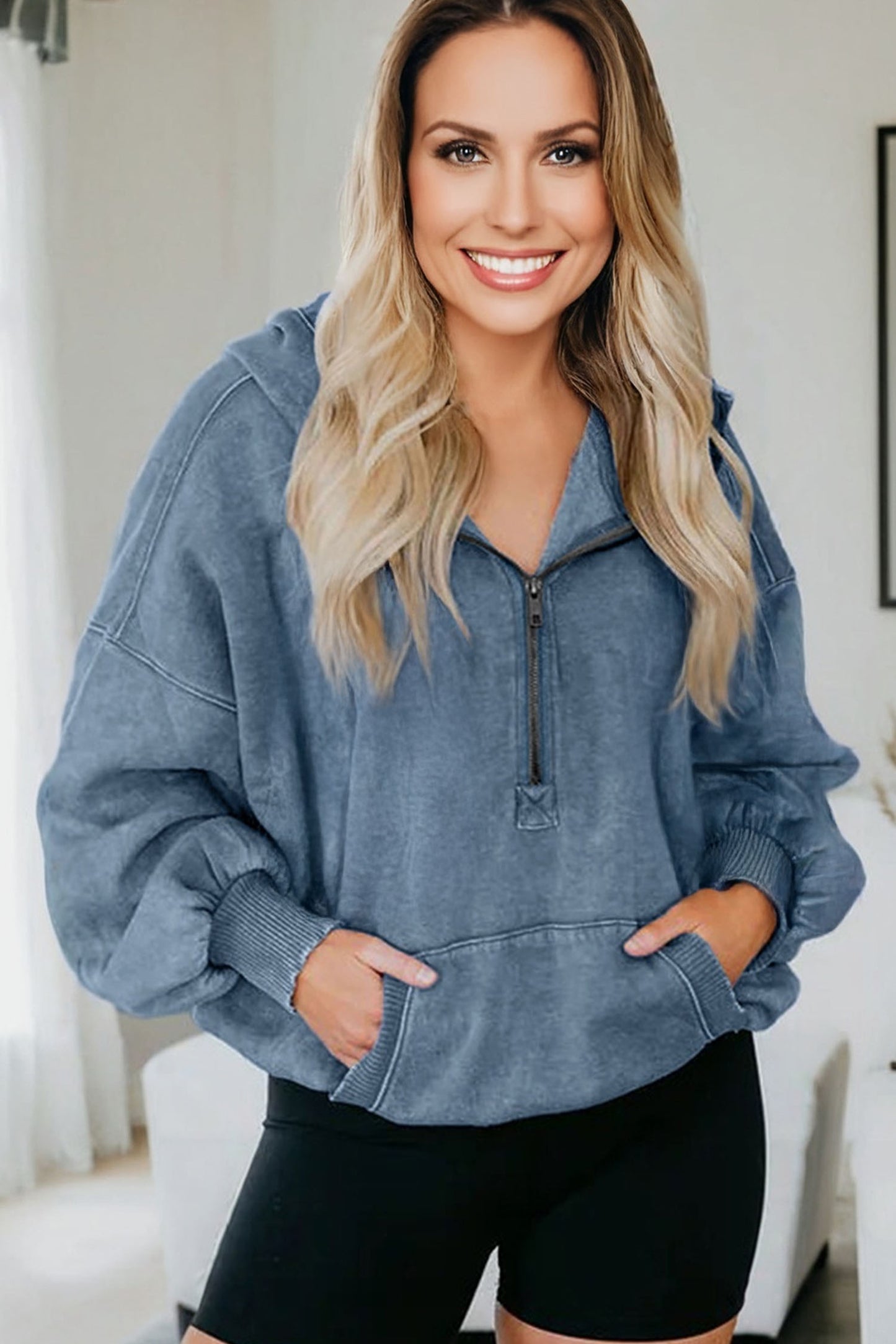 Ashleigh Blue Half Zip Kangaroo Pocket Mineral Wash Baggy Hoodie