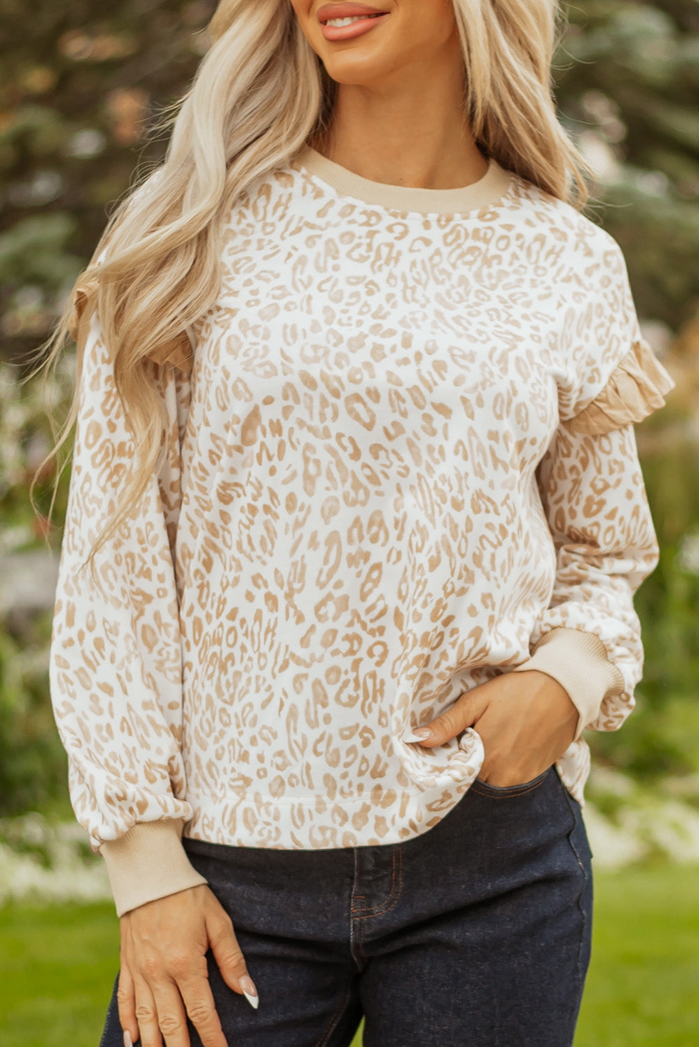 Khaki Leopard Ruffle Detail Ribbed Trim Round Neck Sweatshirt